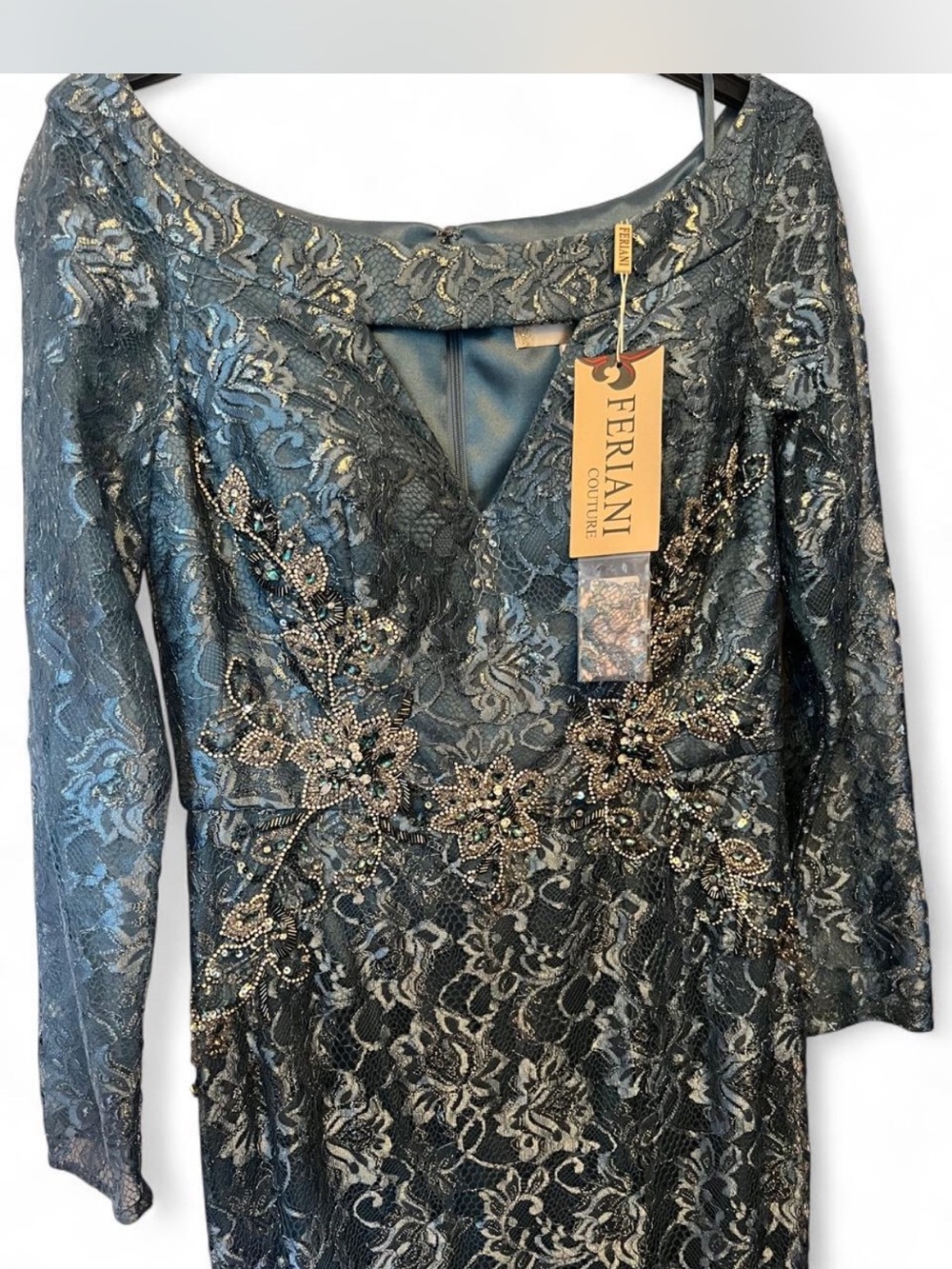 Feriani Couture Teal Lace Beaded Evening Dress